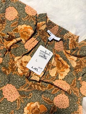 DR2 Olive Floral Smocked Neck Blouse with Mustard & Blush Accents